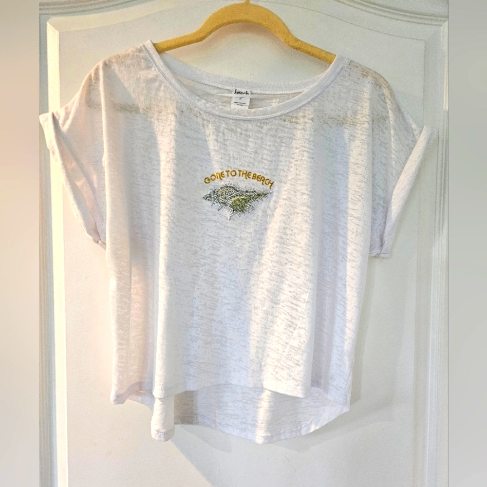 GONE TO THE BEACH T-Shirt Rhinestone Bedazzled Shell Womens Medium Burnout White